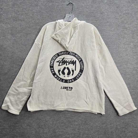 VINTAGE Stussy Men Sweatshirt XL White Baja Hoodie Loreto One World One Love 90s - Picture 1 of 10